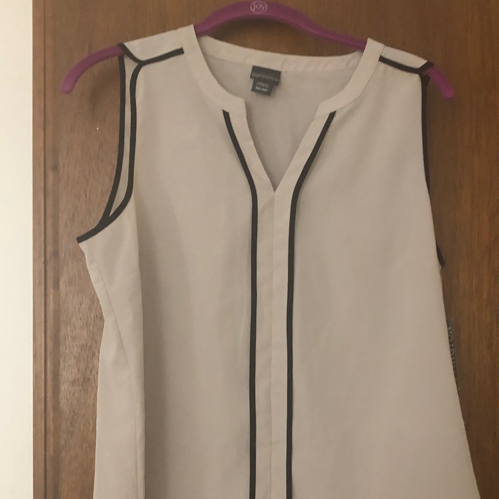 Sleeveless V-Neck Cream Blouse with Black Piping trim by Covington